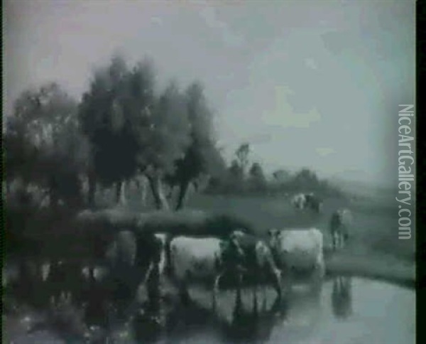 Watering Cows In Landscape Oil Painting - William Sidney Cooper