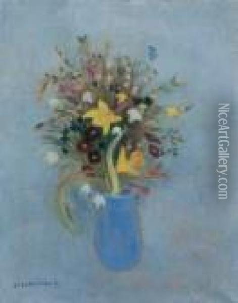 Blumenstilleben In Blauer Vase Oil Painting - Otto Modersohn