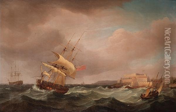 A Royal Naval Frigate Under Reduced Sail In A Heavy Swell Off Castle Cornet, Guernsey Oil Painting - Thomas Whitcombe