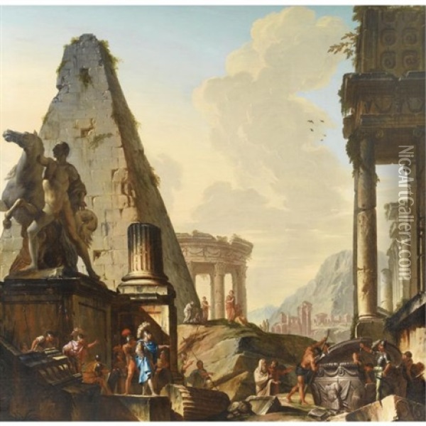 Architectural Capriccio With Alexander At The Tomb Of Achilles Oil Painting - Giovanni Paolo Panini