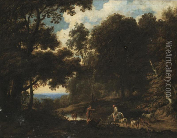 A Wooded Landscape With Drovers Watering Their Herd Oil Painting - Cornelis de Bie