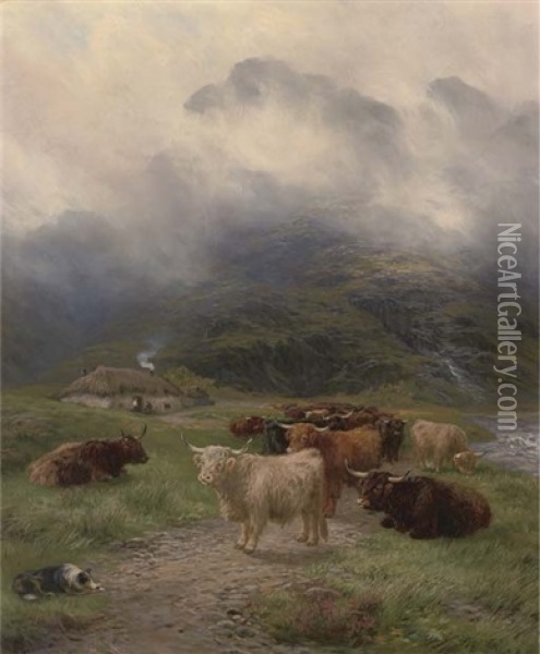 Highland Cattle Before A Croft Oil Painting - Henry Garland