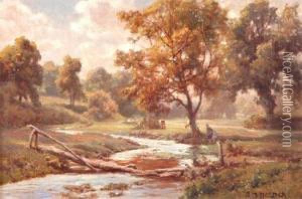 River Landscape With Broken Wooden Bridge Oil Painting - Edward Henry Holder