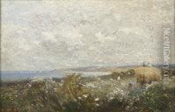 Figures Gathering Hay In A Coastal Landscape Oil Painting - Max Ludby