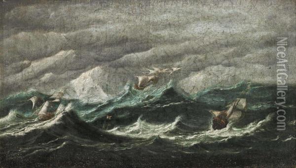 Sailing Vessels In Choppy Waters Oil Painting - Egidius Linnig