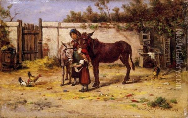 Girls With Donkeys Oil Painting - Lajos Bruck