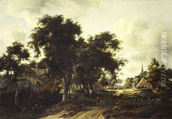 Entrance to a Village ca 1665 Oil Painting - Meindert Hobbema