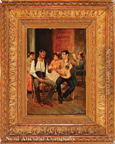 The Blind Singer Accompanied By A Guitar Oil Painting - Jose Garcia y Ramos