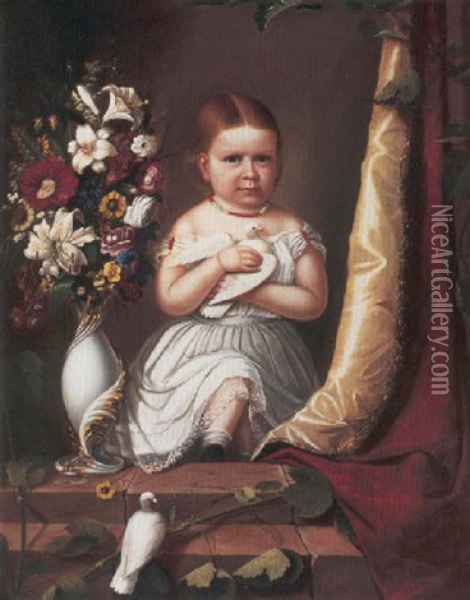 A Portrait Of A Child In A White Dress Holding Doves Oil Painting - Charles Christian Nahl