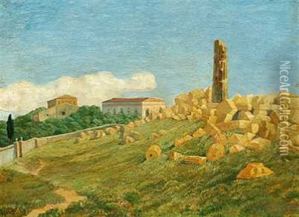 Fra Girgenti, Sicilia. Zeus Templets Ruiner. Villa Aurea I Mellemgrunden Oil Painting - Johan Rohde