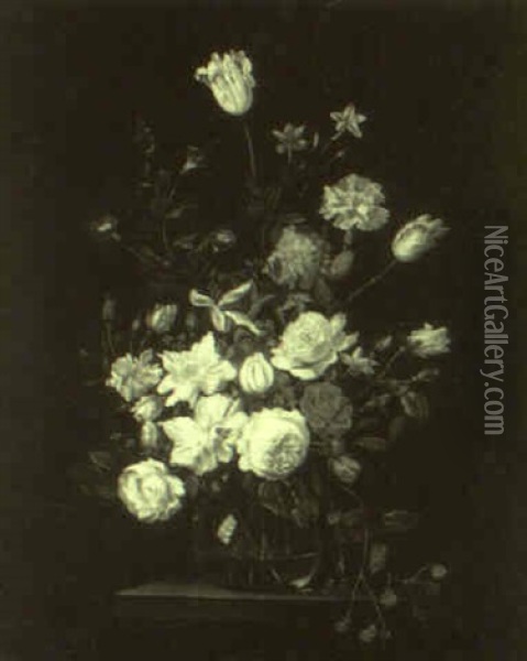 Bouquet De Fleurs Dans Un Vase En Cristal Pos, Sur Un Entablement Oil Painting - Cornelis De Heem