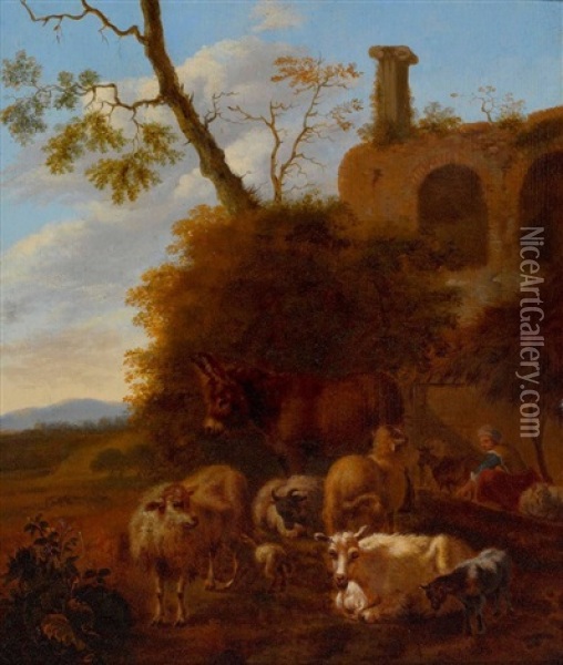 Hirtin Mit Vieh In Sudlicher Ruinenlandschaft Oil Painting - Jan Vermeer van Haarlem III