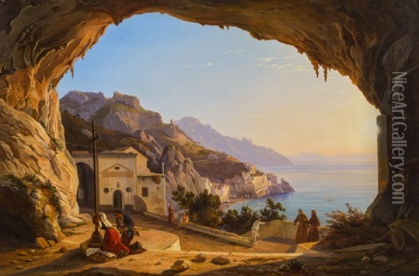 Blick Auf Die Amalfi-kuste, Gesehen Von Der Franz Ludwig Catel Grotte Aus Oil Painting - Carl (Karl) Wilhelm Goetzloff