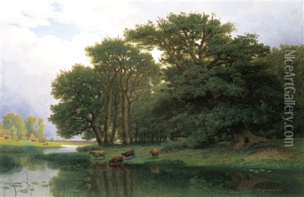 Rivierlandschap Met Koeien Oil Painting - Joseph Quinaux