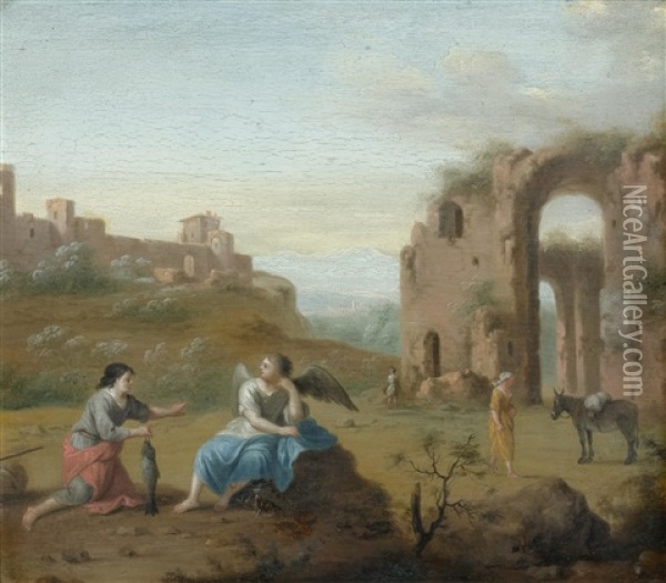 An Arcadian Landscape With Tobias And The Angel Oil Painting - Johan van Haensbergen