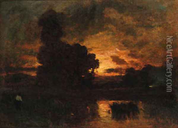 The sun setting on a lake landscape Oil Painting - Barbizon School