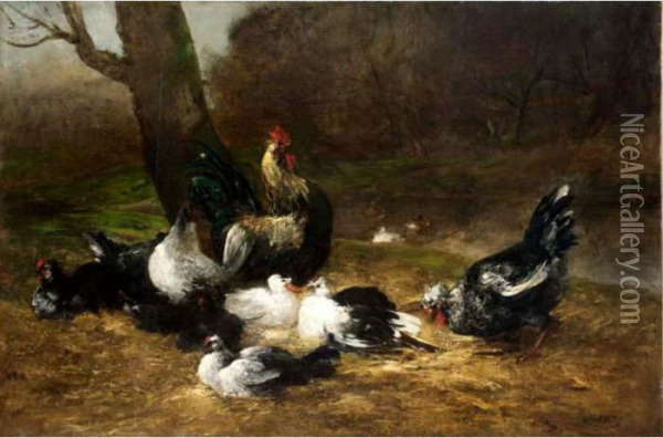 Chickens And Ducks Feeding Oil Painting - Antoine Vollon