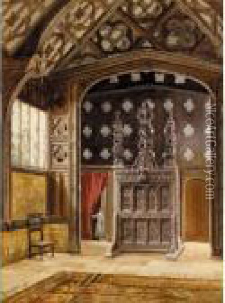 Interior Of The Great Hall, Rufford Old Hall, Lancashire Oil Painting - Thomas Greenhalch
