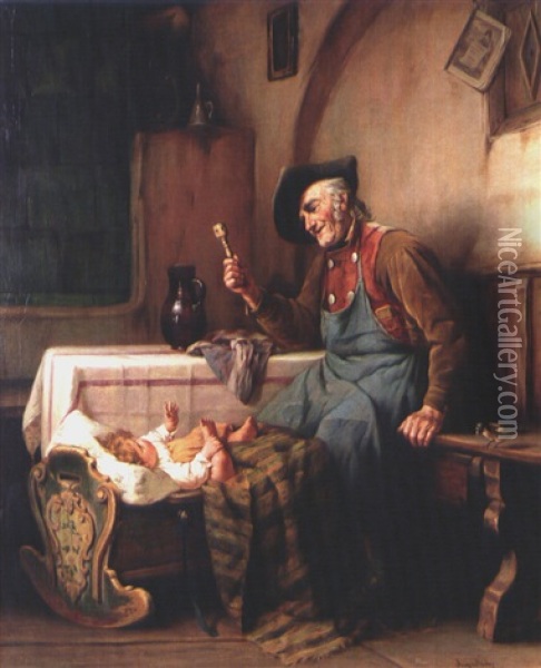 Grossvater An Der Wiege Oil Painting - August Mueller