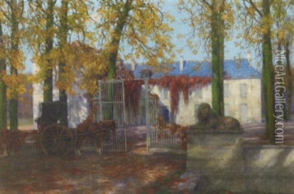 A Horse And Carriage By A French Countryhouse In Autumn Oil Painting - Maurice Realier-Dumas