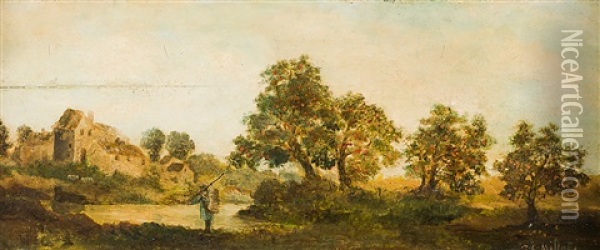 Sommerliche Flusslandschaft Mit Fruchte Tragenden Obstbaumen Und Einem Obstbauern Am Ufer Oil Painting - Jean-Francois Millet