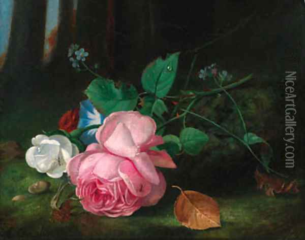 Roses with convolvuli and a sprig of forget-me-nots on a mossy bank Oil Painting - Arthur Chaplin
