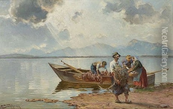 Chiemseefischer Mit Netzen Oil Painting - Joseph Wopfner