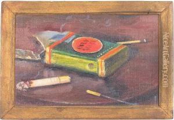 Lucky Strike Package With A Burning Cigarette Oil Painting - Elbridge Ayer Burbank