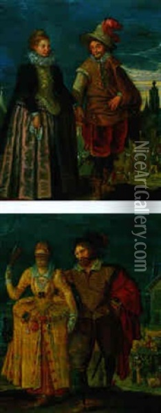 Zwei Liebespaare, Allegorien Der Morgen- Und Der   Abenddammerung [dim: 25.5 X 21 Cm] Oil Painting - Louis de Caullery