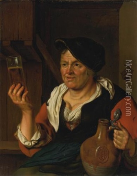 Peasant Woman In An Interior Holding A Glass Of Beer And Jug Oil Painting - Carel de Moor