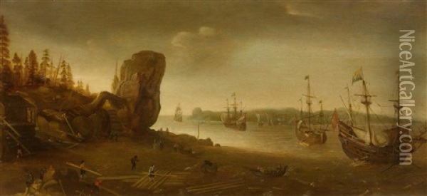 Coastal Landscape With Figures And Sailing Ships Oil Painting - Cornelis Verbeeck