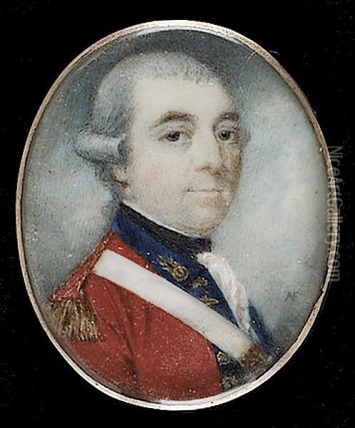 An Officer, Possibly Of The 1st Foot, His Scarlet Coat With Dark Blue Collar And Narrow Lapels Decorated With Fancy Embroidered Button Holes, His Shoulder Belt With A Rectangular Gilt Plate Oil Painting - James Nixon