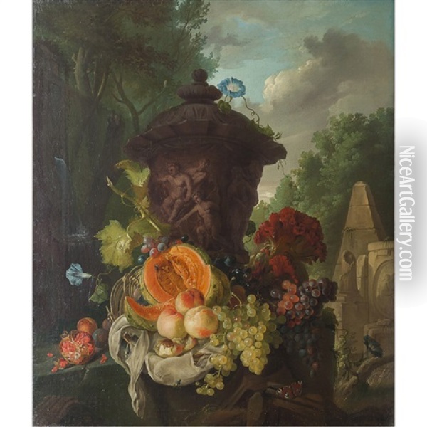 Still Life With Urn And Classical Ruins Oil Painting - Gerrit Johan Van Leeuwen