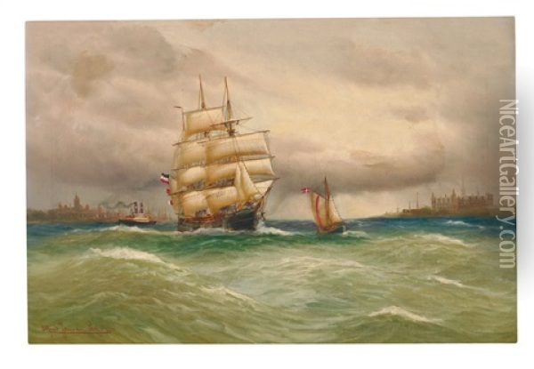 Marine Mit Segelbooten, Im Hintergrund Stadtsilhouette Oil Painting - Alfred Serenius Jensen