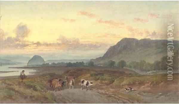 A drover with his cattle by the Clyde, Dumbarton Rock beyond Oil Painting - William Leighton Leitch