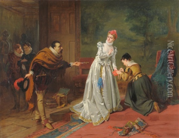 Interior Scene With A Lady Being Presented With A Dagger Oil Painting - Edward Charles Barnes