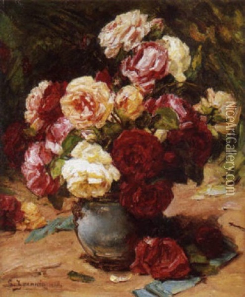 Vase De Roses Anciennes Oil Painting - Georges Jeannin
