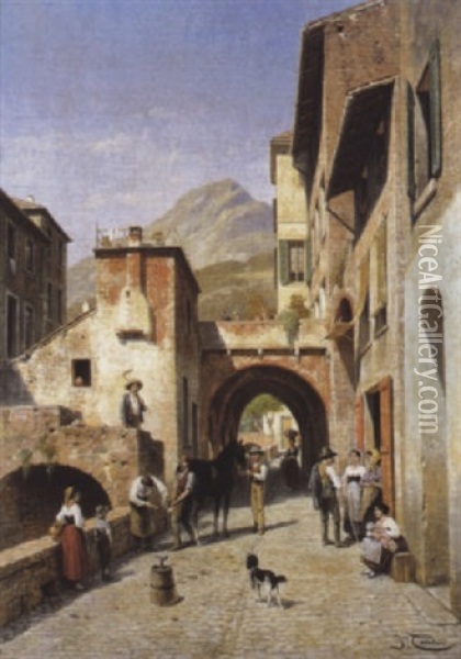 Une Rue A Monte-rosso, Bords De La Mediterranee (italie) Oil Painting - Jacques Francois Carabain