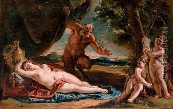 Jupiter gazing upon a sleeping Antiope, with attendant putti Oil Painting - Francesco Fontebasso