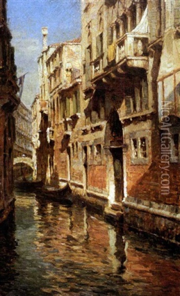 A Sunlit Side Canal, Venice Oil Painting - Carlo Brancaccio
