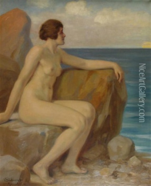 Akt Auf Einem Felsen Am Meer Oil Painting - Victor Schivert