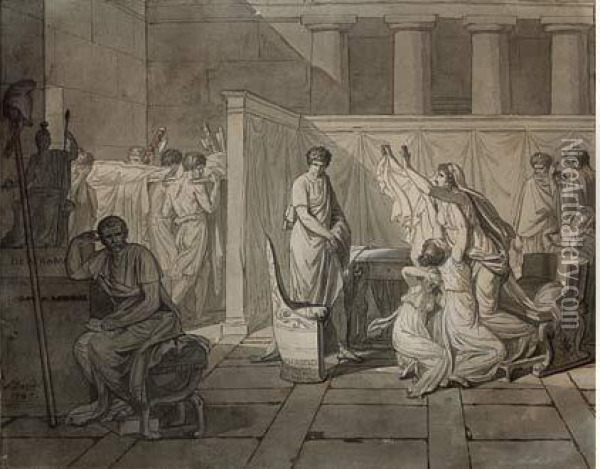 Les Licteurs Ramenent A Brutus Les Corps De Ses Fils Morts Oil Painting - Jacques Louis David