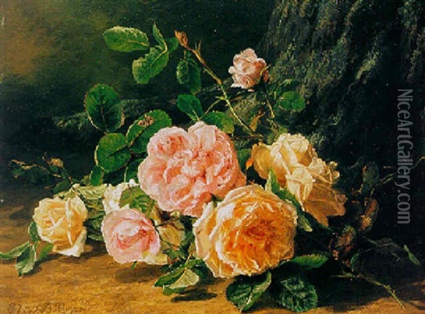 A Still Life Of Yellow And Pink Roses Oil Painting - Gerardina Jacoba van de Sande Bakhuyzen