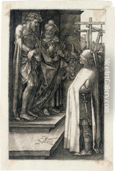 Ecce Homo (b., M., Holl.10); And Pilate Washing His Hands (b., M., Holl.11) Oil Painting - Albrecht Durer