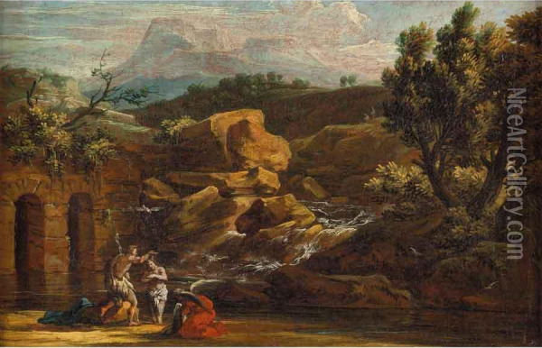 Paesaggio Con Il Battesimo Di Cristo Oil Painting - Pietro Montanini