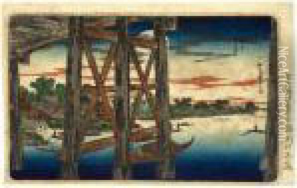 A Sheet From The Series ````````toto Meisho' Oil Painting - Utagawa or Ando Hiroshige