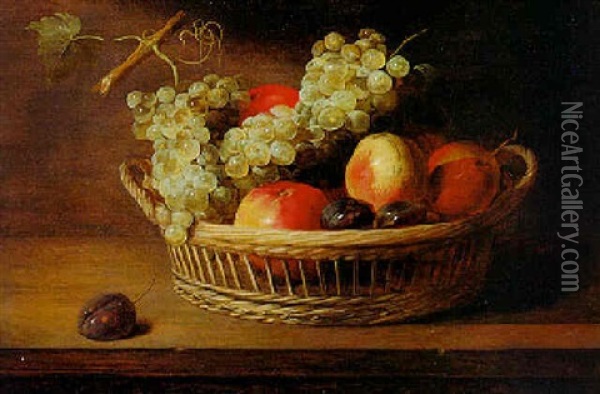 Fruchte In Einem Flechtkorb Auf Einem Holztisch Oil Painting - Jacob Fopsen van Es