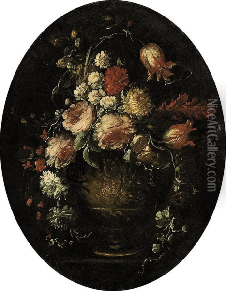 Roses, Parrot Tulips, Carnations And Other Blooms In An Urn On Astone Ledge Oil Painting - Elisabetta Marchioni Active Rovigo