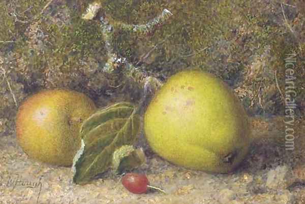 Still-life of apples on a mossy bank with a rosehip Oil Painting - William B. Hough