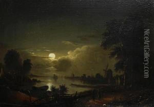 River By Moonlight Oil Painting - Edward Jr Williams